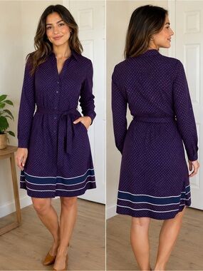 Tommy Hilfiger Shirt Dress Size M Navy Blue Red Polka Dot Belted Long Sleeve